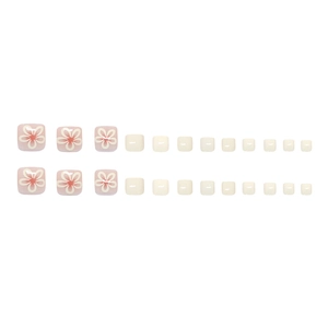 24-piece set of cream floral toe press-on nails with pink gradient flower designs