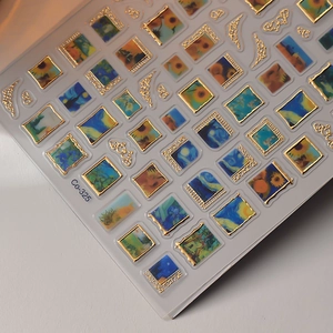 Detailed 3D embossed nail stickers featuring Van Gogh art and golden frames Co-325