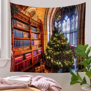 Detailed Christmas tree tapestry showing vintage library scene and festive decor