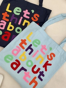 Women Canvas Tote Bag Colorful Chenille Letter Embroidery Earth Slogan Large Capacity Shoulder Handbag For Students