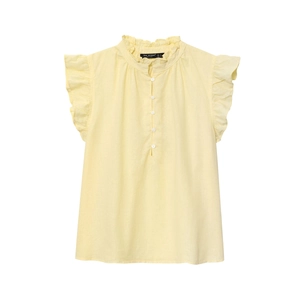 Chemisier femme sans manches en coton lin jaune clair avec col volanté et boutons