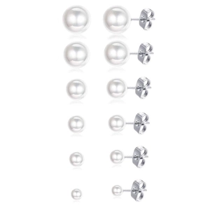 Set of six pairs of round silver stainless steel stud earrings in various sizes on white
