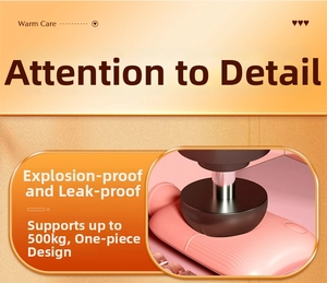 Detail of pink hot water bottle showing 500kg pressure resistance and explosion-proof design