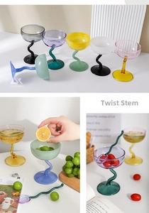 Detail view of colorful glass dessert bowls with unique wave-shaped stems and vibrant colors