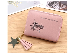 Pink mini coin purse with bamboo print, decorative tassel, and star pendant details