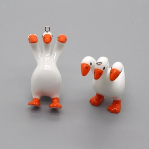 Creative three-headed white goose animal pendant with glossy finish for DIY jewelry
