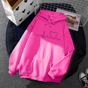 Pink fleece drawstring hoodie with black heartbeat heart print for men and women