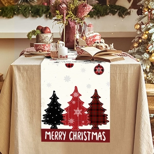 Christmas table runner with plaid trees and Merry Christmas text on linen fabric