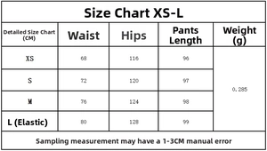 Size chart showing XS to L measurements for casual plaid trousers in centimeters and grams