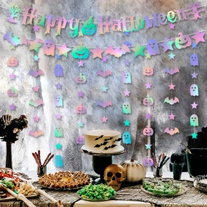 Holographic Happy Halloween banner set with bat and pumpkin hanging party decorations