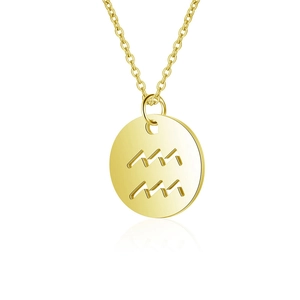 Macro detail of gold plated Aquarius zodiac pendant featuring hollow disc wave design