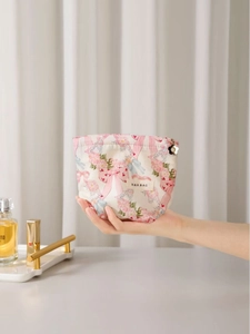 Pink bow floral cotton makeup bag for skincare storage with elegant metal zipper
