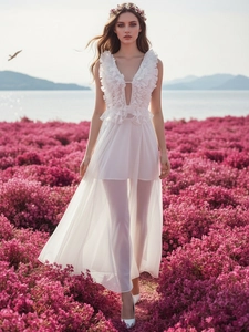 Weißes Maxikleid mit tiefem V-Ausschnitt, Rüschen und offenem Rücken für den Urlaub