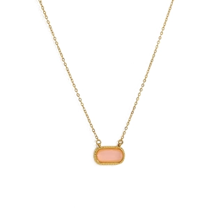 Macro shot of 18K gold plated necklace featuring a pink rectangular zircon stone pendant