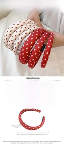 Detail view of vintage red polka dot sponge headband with dimensions and weight specs