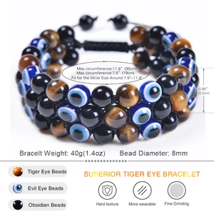 Handmade triple-layered 8mm tiger eye and obsidian bracelet with evil eye beads