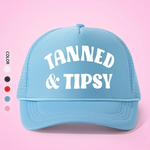 Detail of light blue mesh trucker hat with TANNED & TIPSY print and color selection