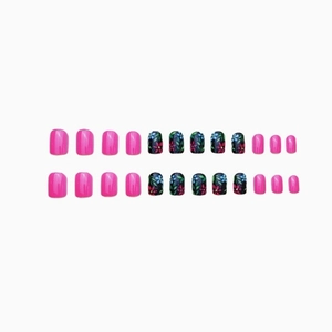 24pcs square press-on nails featuring pink and black floral botanical leaf designs