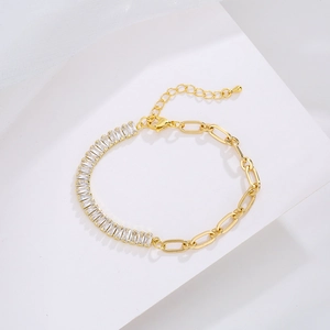18K gold plated paperclip bracelet featuring rectangular cubic zirconia with lobster clasp