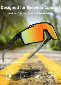 Detail of cycling sunglasses with orange reflective lenses and black anti-impact frame