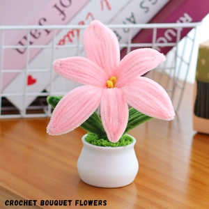 Handmade pink sunflower crochet potted flower for desktop decoration and gift