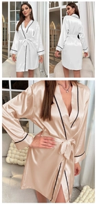Détails du peignoir en satin pour femme avec liseré noir contrasté et ceinture nouée