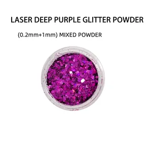 Macro view of holographic deep purple nail glitter mix in a clear container