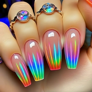 Holographic coffin press-on nails with iridescent rainbow finish and gold gemstone rings