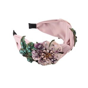 Elegant wide pink satin headband with 3D floral embroidery, rhinestones and sequins