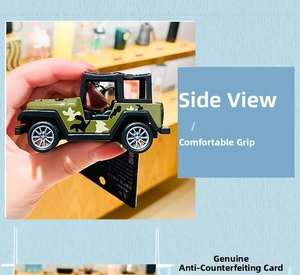 Side view of a 3D camouflage jeep keychain with rotating tires and authentic packaging
