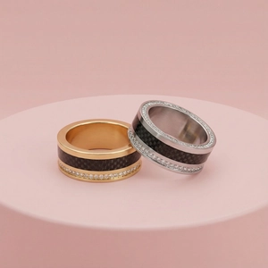 Titanium steel ring with black carbon fiber inlay and double row of zircons in gold and silver