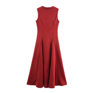 British style sleeveless round neck red faux suede midi dress with A-line skirt back view