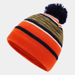 Detailed view of kids' striped knit beanie with colorful stripes and fluffy navy pompom