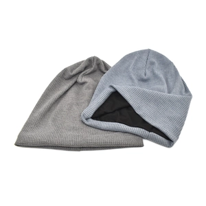 Knit waffle textured beanie hats with warm fleece lining in dark grey and light blue