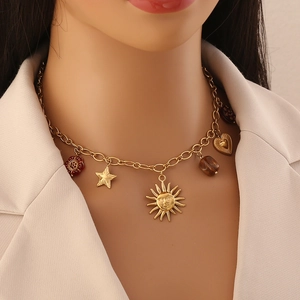 Gold sun face pendant necklace with colorful star heart and flower charms jewelry
