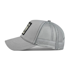 Gray mesh trucker hat with crocodile animal embroidery patch and breathable cotton panels