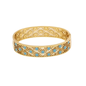 Vintage hollow out golden stainless steel bangle with a round blue turquoise stone inlay