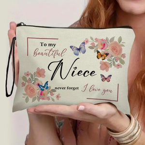 Florale Kosmetiktasche Leinen Make-up Beutel Reißverschluss Nichte Geschenk Reise Kulturbeutel Schmetterling Druck Beige
