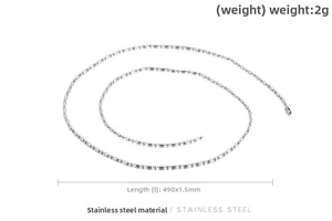 Macro detail of 1.5mm stainless steel bead chain necklace with 490mm length and 2g weight
