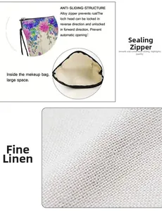 Détail de la trousse à maquillage en lin avec motif floral violet et fermeture en alliage