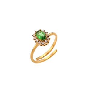 Adjustable 18K gold-plated stainless steel ring with green oval zircon and crystal halo