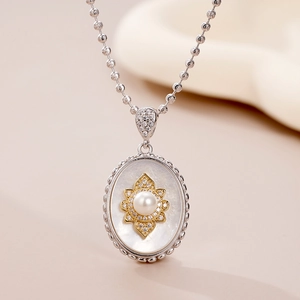 Elegant 925 silver necklace featuring oval mother of pearl pendant with micro-set zircons