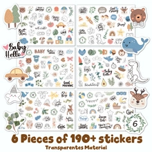 Detail of 6 sheets with 190+ transparent stickers featuring forest animals and slogans