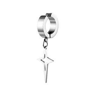 Silver stainless steel hoop earrings with four-pointed star pendant on white background