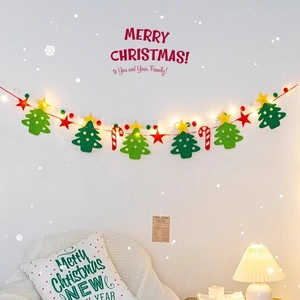 Lighted Christmas felt banner with trees and stars on white wall for festive room decor