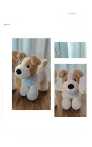Detail of cute Fox Terrier plush dog with blue checkered bib and soft fabric texture