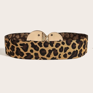 Women's wide elastic leopard print waist belt with golden heart-shaped buckle and animal pattern