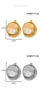 Detail view of round ripple earrings in gold and silver with pearls and size measurements
