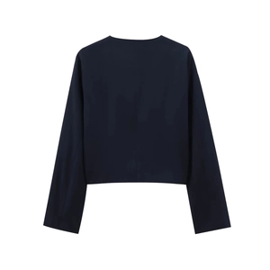 Flat lay back view of navy blue long-sleeved women's blazer with smooth premium fabric