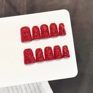 Handgefertigte Press On Nägel Rot Kristall Strass 3D Luxus Lange Quadratische Künstliche Fingernägel Für Damen